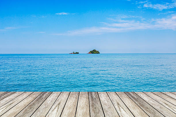 istock Under blue sky, wood platform beside the sea. 481268837