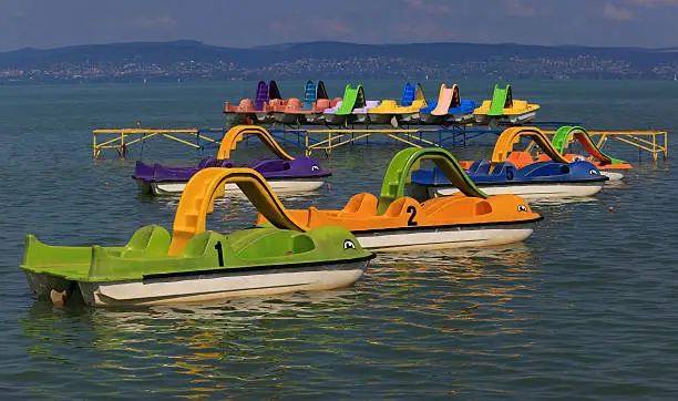Many colorful pedal-boats in Lake Balaton