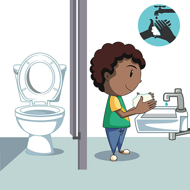 ilustraciones, imágenes clip art, dibujos animados e iconos de stock de boy lavado de manos, baño - house home interior small human hand