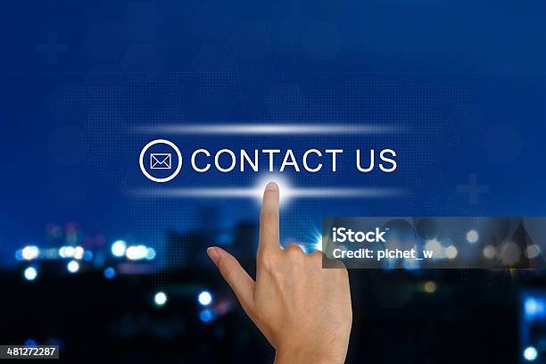 Hand Pushing Contact Us Button On Touch Screen Stock Photo - Download Image Now - Contact Us, Advice, Assistance