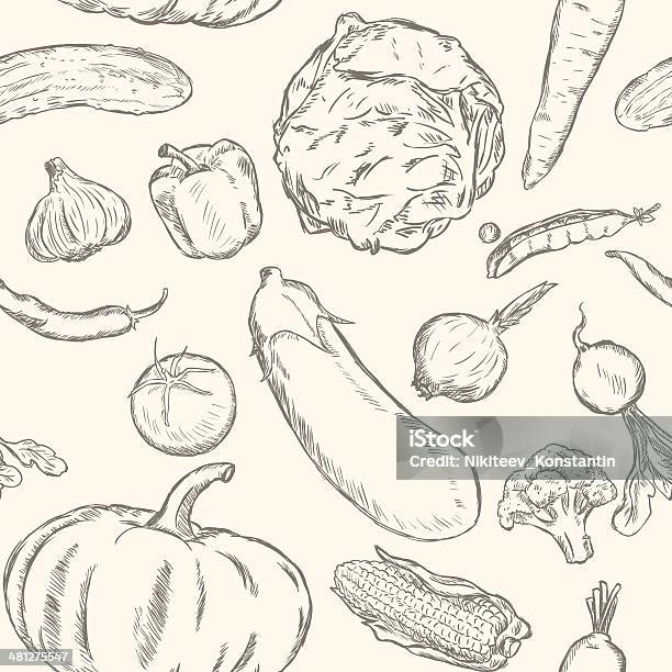벡터 연속무늬 Of 스케치 야채면 가지-채소에 대한 스톡 벡터 아트 및 기타 이미지 - 가지-채소, 건강한 식생활, 꽃 양배추