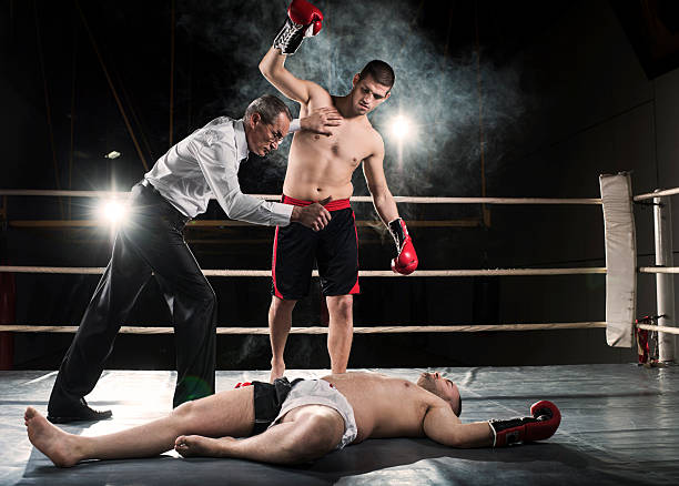 Knockout! Boxing. One boxer has received a knockout and is lying down, while the other is standing next to him with a referee.    knockout stock pictures, royalty-free photos & images