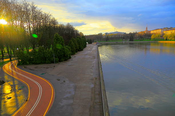 istock Park way riverside in Minsk cityscape at sunset, Belarus 481278022