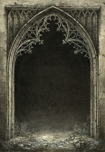 Fantasy gothic arch with the black grunge background inside. Handmade painting, acrylic on paper, slightly processed.