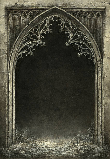 Gothic arch Fantasy gothic arch with the black grunge background inside. Handmade painting, acrylic on paper, slightly processed. medieval architecture stock illustrations