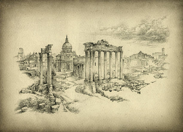Rome Ruins of the Roman Forum. Handmade drawing, pencil on paper, slightly processed. ancient rome stock illustrations