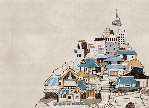 Hand drawn illustration in vintage style featuring the modern and old section of a city.