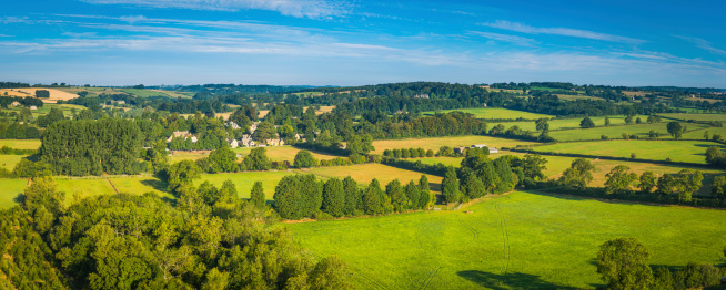 Aerial view across the vibrant green pasture and rural patchwork quilt landscape surrounding a picturesque village of family homes in an idyllic rural setting. ProPhoto RGB profile for maximum color fidelity and gamut.
