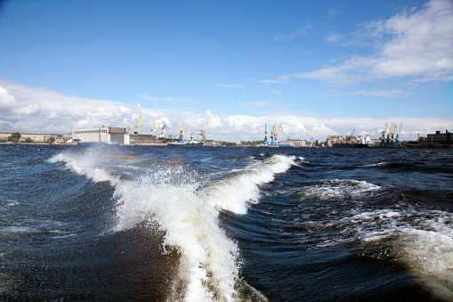 View from the sea on the port of St. Petersburg.