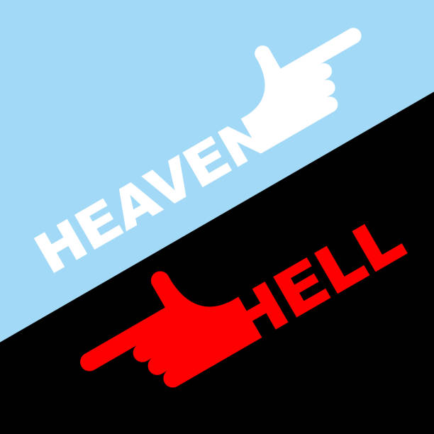 kierunek hell i nieba. ilustracja wektorowa. ręka w białych - heaven hell road sign sign stock illustrations