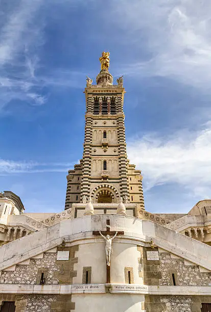 Basilica of Notre Dame de la Garde from low angle - Marseille - French Riviera