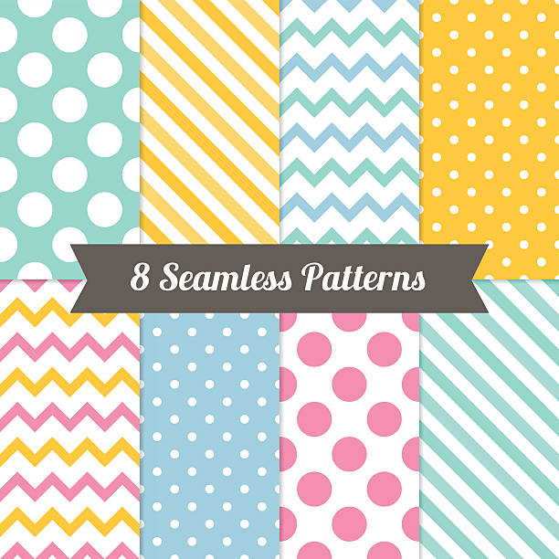 Set of Geometric Patterns with Polka Dot, Diagonal Stripe, Chevron Set of Geometric Seamless Patterns with Polka Dot, Diagonal Stripe and Chevron in Pink, Yellow, Turquoise, Blue and White. Perfect for wallpaper, textile, Easter, Valentine, birthday and wedding cards backgrounds pink scrapbook abstract stock illustrations