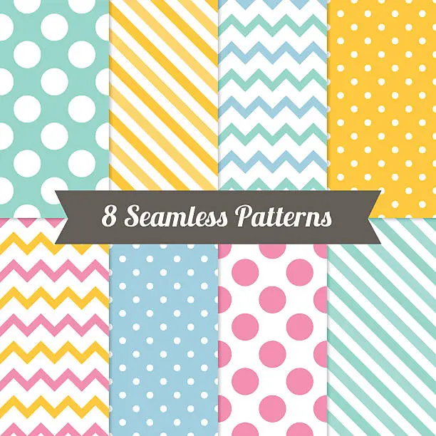 Vector illustration of Set of Geometric Patterns with Polka Dot, Diagonal Stripe, Chevron