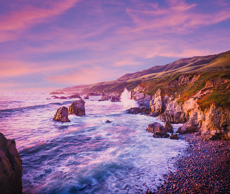 Rocky shoreline of Big Sur coastline south of Carmel, California
