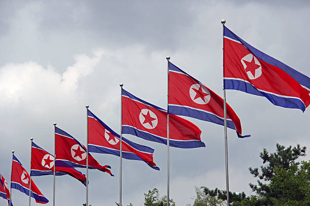 corea, república popular democrática de corea del norte: banderas en kumsusan memorial palace - kim jong il fotografías e imágenes de stock