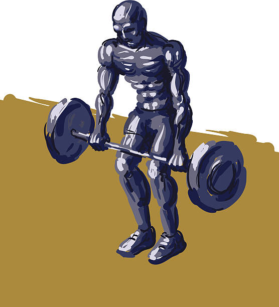Athlete with steel muscles raises the bar Stylized color illustration. Athlete lifting heavy barbell. Athlete's body is painted so as if it is made of steel. He looks very strong with developed definition to the physique. Men dressed in sneakers and athletic shorts. Torso weightlifter naked. The picture reveals the theme of sport, healthy lifestyle, bodybuilding, gym. cartoon muscular man lifting heavy weights stock illustrations