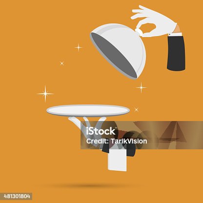 istock Hands with cloche lid cover and towel vector. 481301804