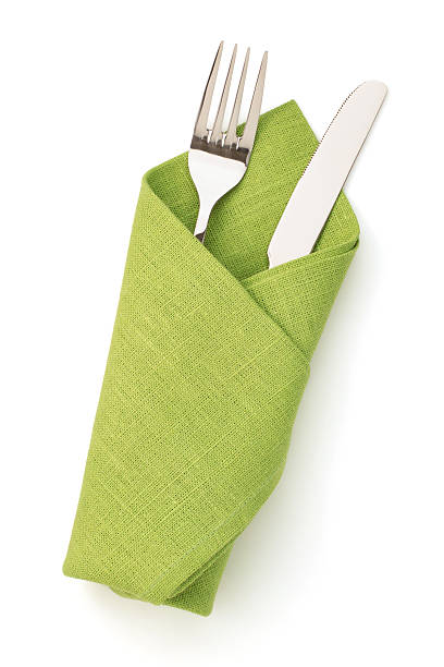 냅킨, 포크와 나이프 흰색 바탕에 그림자와 - napkin silverware textile fork 뉴스 사진 이미지