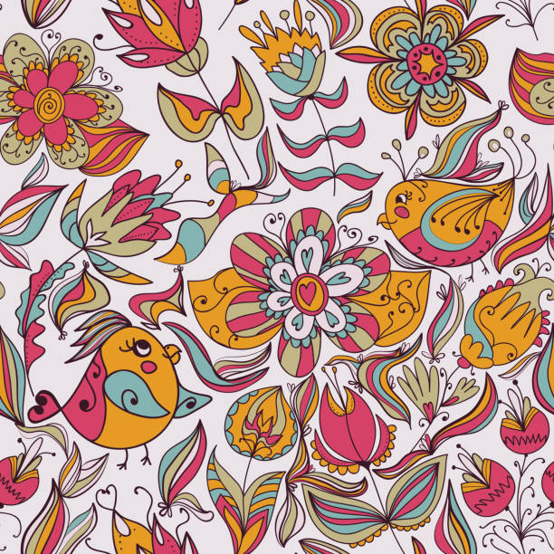 Seamless floral pattern with birds Seamless floral pattern with flower and bird. Endless floral pattern. Can be used for wallpaper, pattern, backdrop, surface textures. Full color seamless floral background tree repetition single flower flower stock illustrations