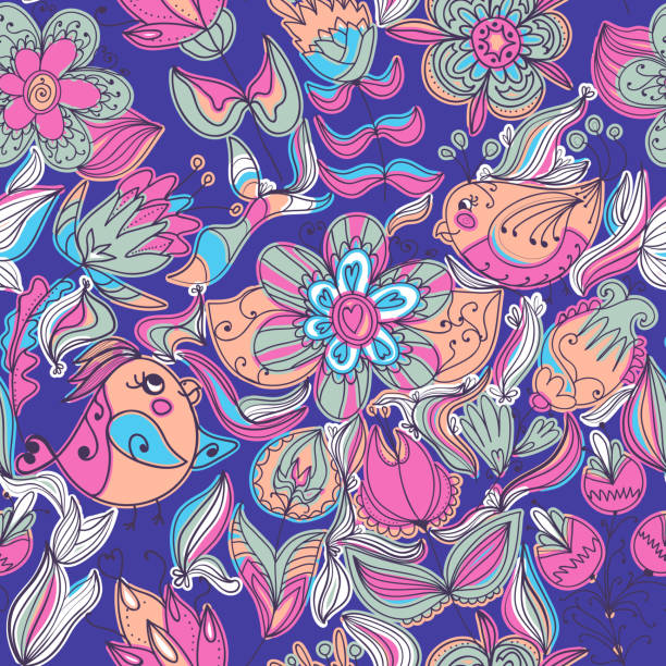 Cute colorful floral seamless pattern with bird Seamless texture with flowers and birds. Endless floral pattern. Can be used for wallpaper, pattern, backdrop, surface textures. Full color seamless floral background tree repetition single flower flower stock illustrations