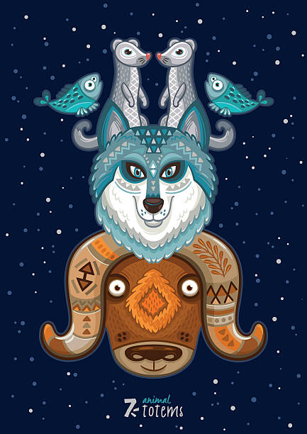 Ilustração vetorial de animais selvagens totem. "Husky”, o lobo, Boi almiscarado" - ilustração de arte vetorial