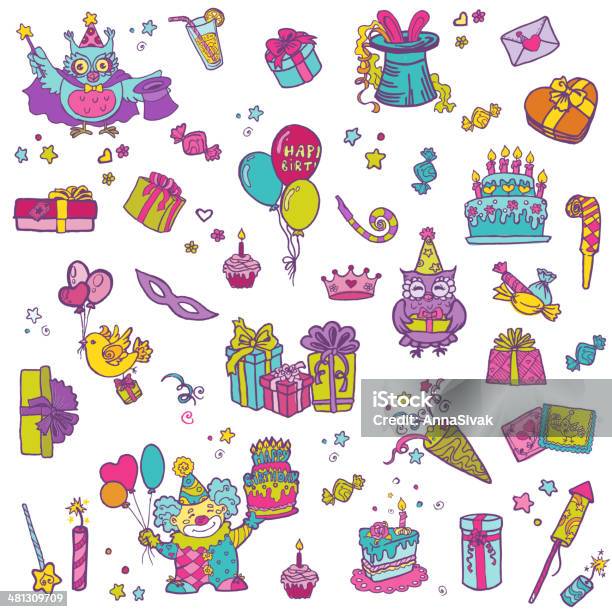 Hand Drawn Birthday Celebration Design Elements Stock Illustration - Download Image Now - Baby - Human Age, Baby Girls, Balloon