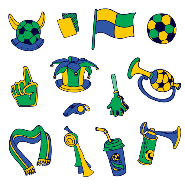 ilustraciones, imágenes clip art, dibujos animados e iconos de stock de ventilador elementos: fútbol, fútbol, brasil-dibujados a mano - world cup