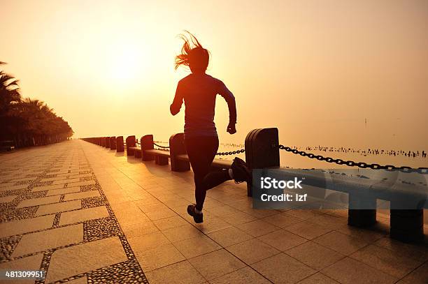 Healthy Lifestyle Asian Woman Running At Seaside Stock Photo - Download Image Now - Active Lifestyle, Activity, Adult