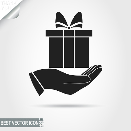 Gift Box with Bow on Hand Pictograph, icon, Surprise sign, Birthday Present symbol - vector illustration, you can change form and color