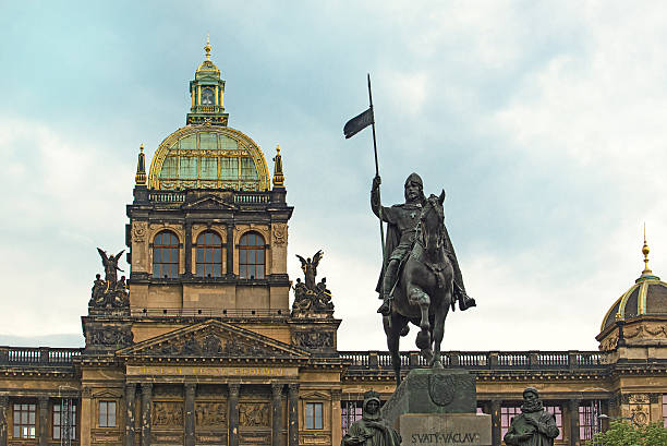 Prague, Czech Republic - May 25, 2015: Saint Wenceslas Statue in Front of Prague National Museum of Czech Republic