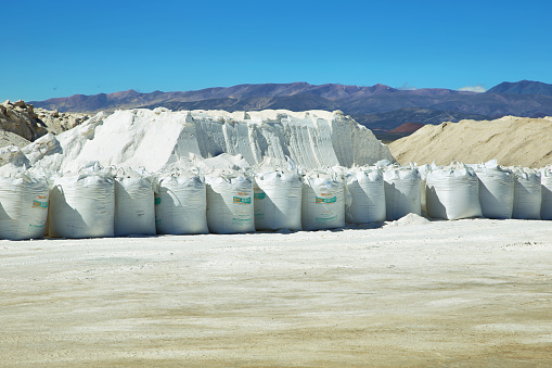 Salinas Grandes, Argentina - April 5, 2015: Salt pile and sacks with salt in salt mine in Salinas Grandes, Jujuy province, Argentina.