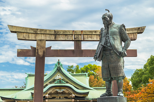 Osaka, Japan - October 25 2014: Toyotomi Hideyoshi, a preeminent daimyo, warrior, general and politician of the Sengoku period, his statue situated in front of Hokoku shrine