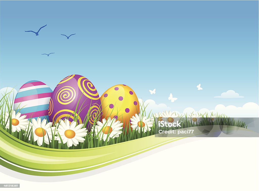 Easter Eggs Vector illustration of Easter eggs with daisies, grass, butterflies and blue sky. Backgrounds stock vector