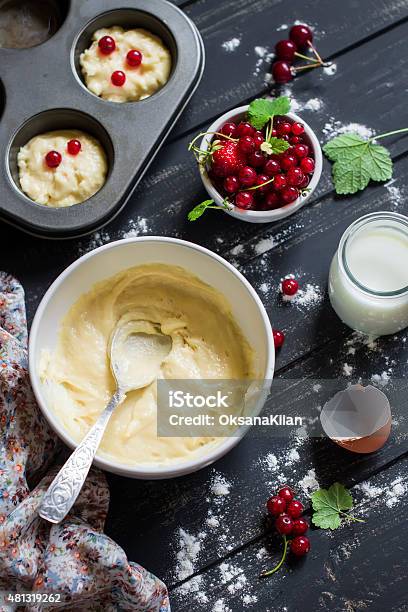 Ingredients For Cooking Cupcakes With Red Currants Stock Photo - Download Image Now - Tart - Dessert, 2015, Baked