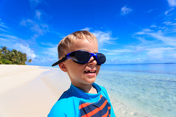istock happy boy in swimming goggles at the beach 481319654