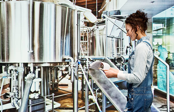 istock Smiling female brewmaster working in industry 481321256