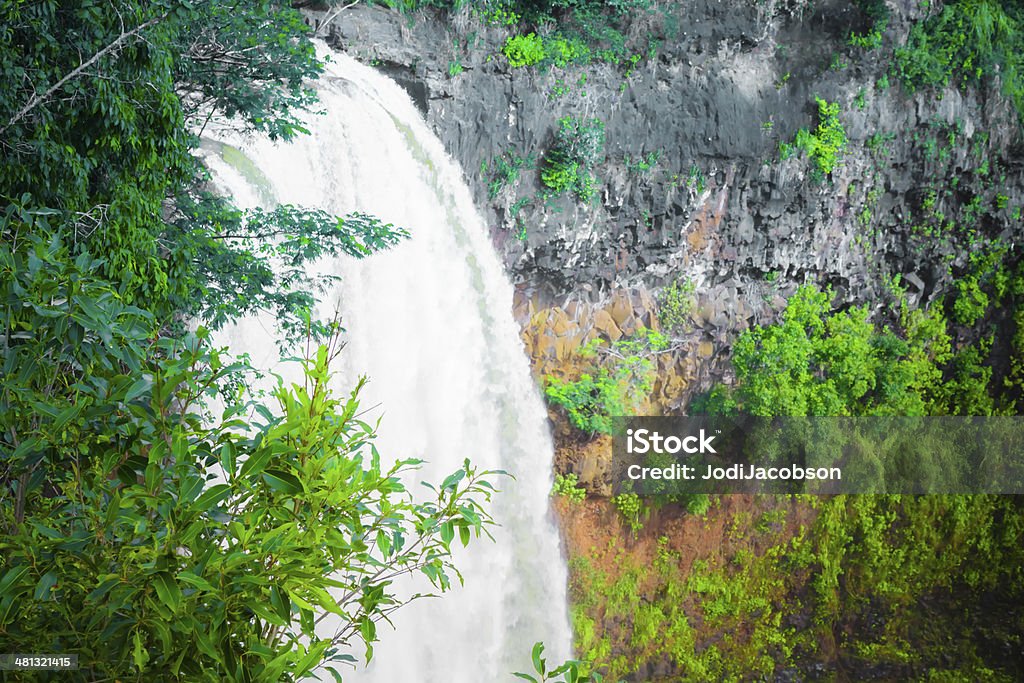 Hawaiian waterfall cascades down mountain surrounded by lush vegetation A waterfall in Kauai, Hawaii cascades down a mountain surrounded by lush vegetation.  rr Aerial View Stock Photo