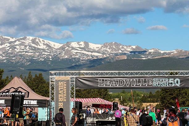 Finish line of the Leadville Silver Rush 50 and mountains Leadville, Colorado, USA - July 11, 2015: Finish line of the Leadville Silver Rush 50 and mountains leadville stock pictures, royalty-free photos & images