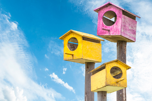 Nesting boxes and blue sky background