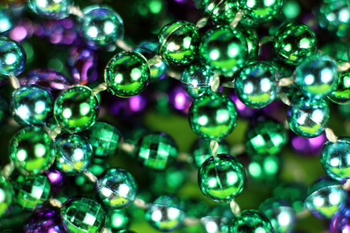 Close-up of colored beads given out a Mardi Gras.