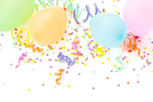 Balloons, streamers  and confetti isolated on white background.