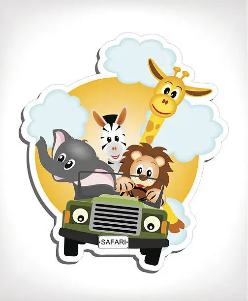 Vector illustration of animals in a car