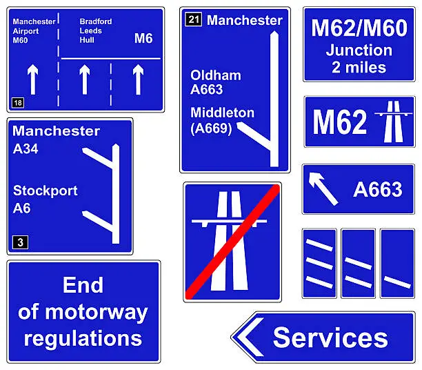 A collage of Motorway regulations signs