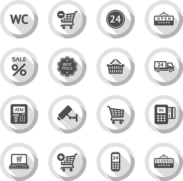 ilustraciones, imágenes clip art, dibujos animados e iconos de stock de compras iconos plana set 03 - information sign shopping cart web address sign
