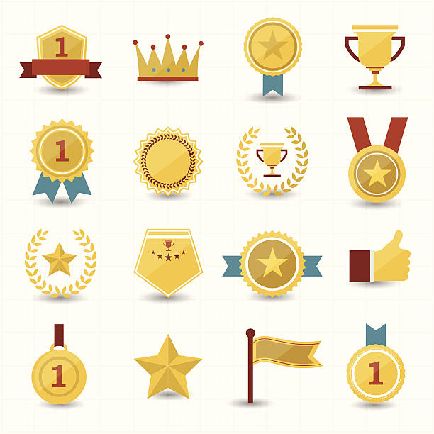 ilustraciones, imágenes clip art, dibujos animados e iconos de stock de trofeo y premios iconos con fondo blanco - medal ribbon incentive award