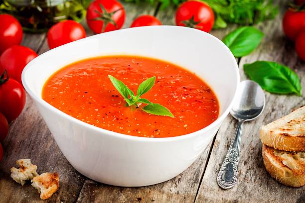homemade vegetarian tomato cream soup stock photo