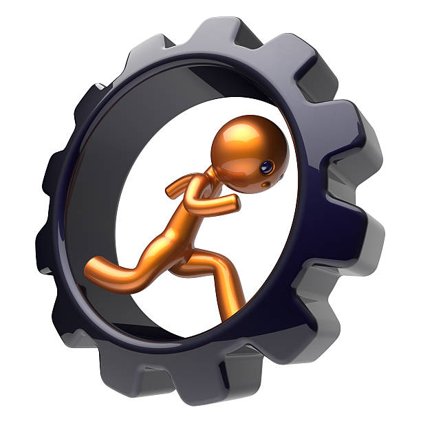 istock Gear wheel running man character work inside gear wheel 481334492