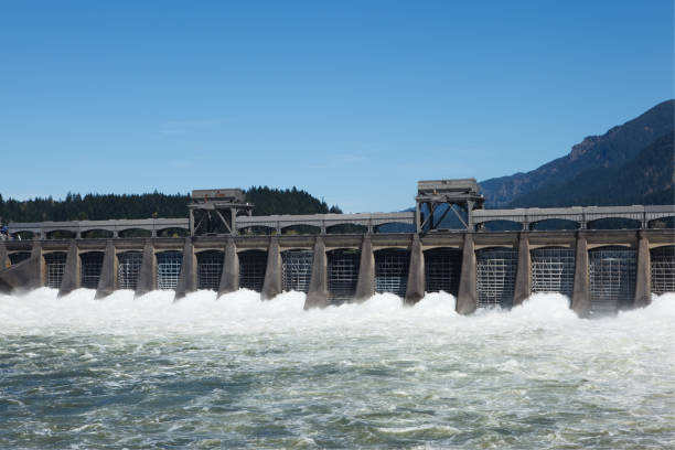 istock dam with locks open to let water make power. 481337073
