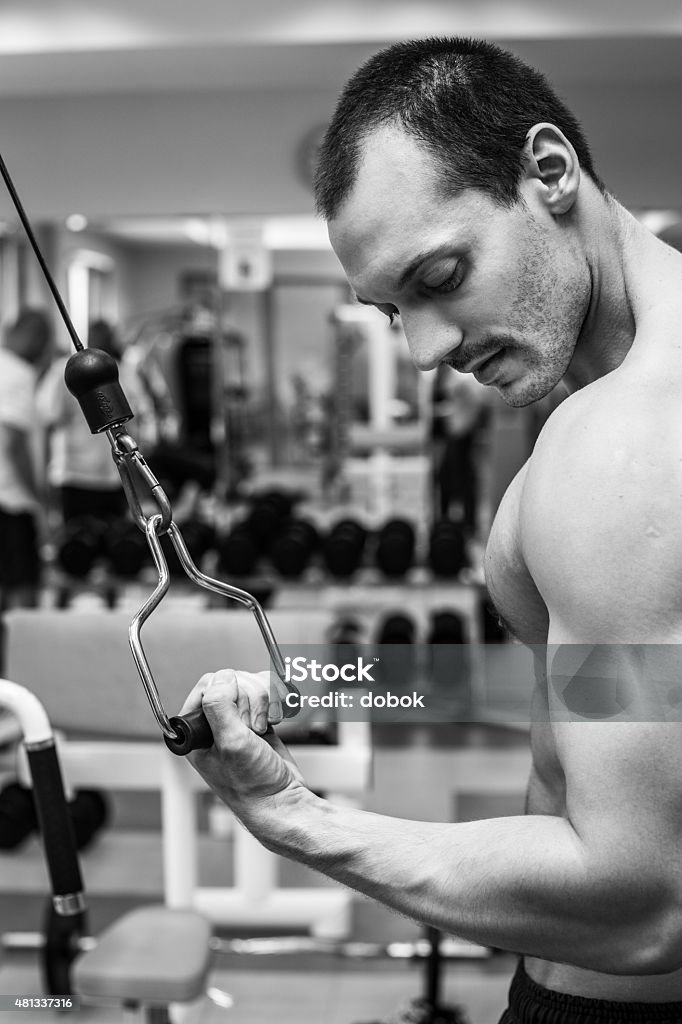 muscular bodybuilder muscular bodybuilder training back muscle in fitness center, black and white photography 2015 Stock Photo