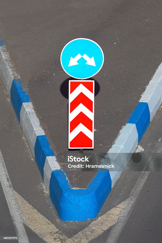 Road sign and marking. Direction sign. Details of road infrastructure close up abstractly. 2015 Stock Photo